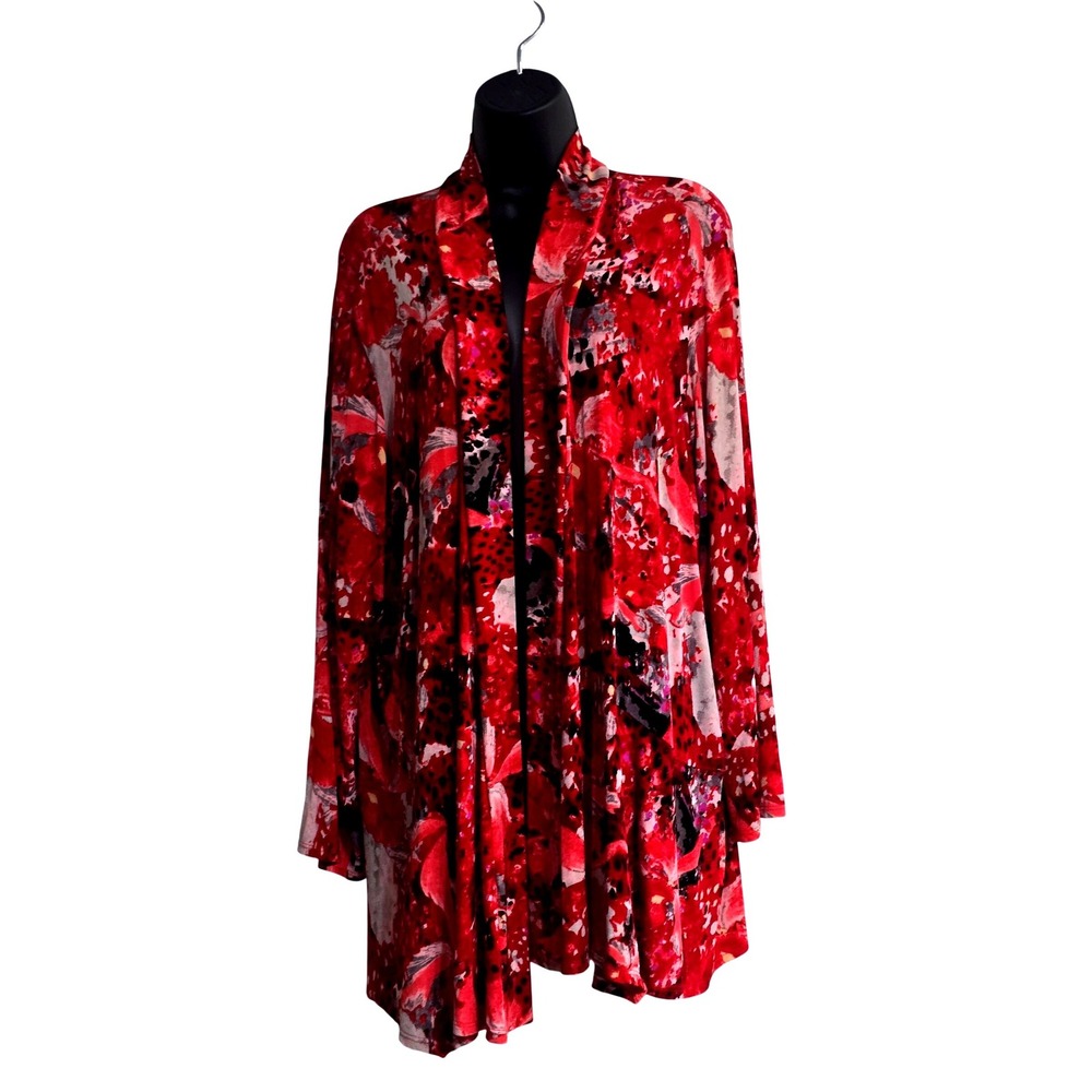 Travel Elements Womens 2X Red Floral Abstract Open Front Cardigan USA Made